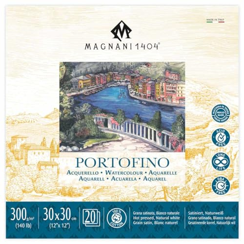 Magnani 1404 Portofino Hot Press Aquarellpapier, 100 % Baumwolle, 20 Blatt, 30,5 x 30,5 cm, 63,5 kg, säurefrei, UV-beständig, getdeckte Kanten, veganes Aquarellpapier für Künstler, hergestellt in