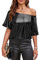 VIDUSSA Schulterfreies Damen-Top, Pailletten, glitzernd, lässig, lockere Hemden, kurzärmelig, Tunika-Blusen, Schwarz, XX-Large