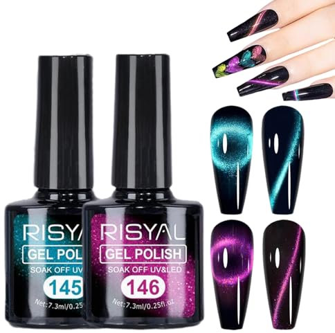2PCS Holographic Cat Eye Gel Polish Blue Rose Red Sparkle Cat Eye Magnetic Gel Polish Shiny Glitter Gel Soak Off UV/LED Nail Polish Salon Manicure and Nail Art DIY at Home