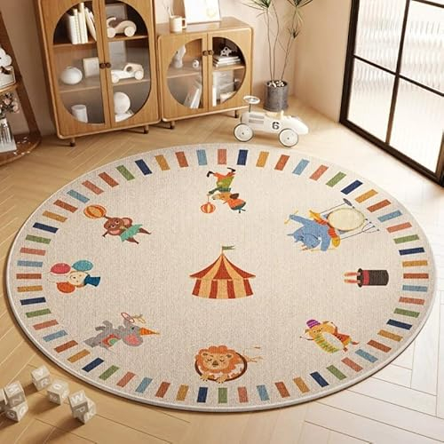 Viusneun Rund Kinderteppich, Waschbar Kurzflor Cartoon Tier Muster, Moderner Super weich klein Teppiche Matte Kinderteppich Kinderzimmerteppich (A,80 * 80cm)