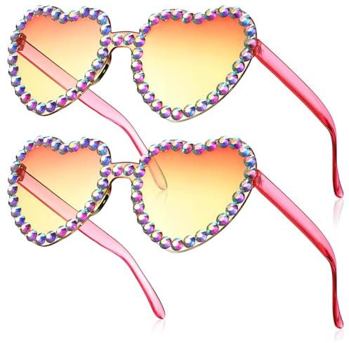 Fiada 2 Paar Herz Sonnenbrillen Herzförmige Brillen Lustige Partybrillen für JGA Hochzeit Fasching Kostüm Farbige Randlose Sonnenbrillen für Frauen(Orange,Stilvoll)