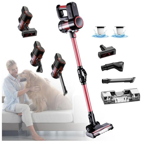 Aspiradora Fregona Sin Cable 5 in 1 Menor Ruido,Luces LED,Depósito 200 Ml, Fregona Electrica Escoba Electrica para Mascotas/Alfombras/Coche/Suelos Duros/Cama