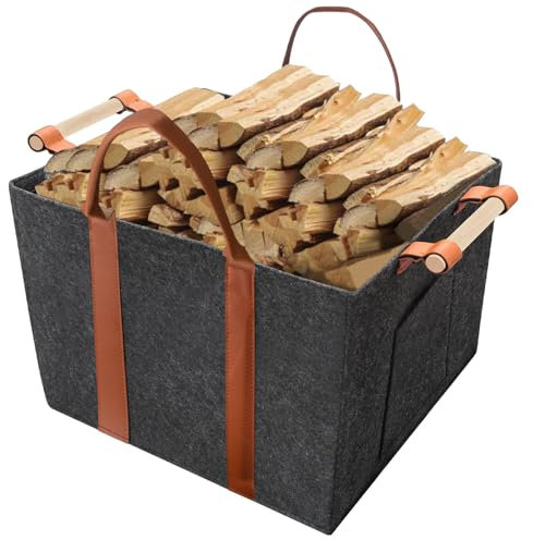 Wiseten Cesto Leña Interior, Cesta de Fieltro Engrosada con Asas Reforzada de Madera, Bolsa de Fieltro para Leña de Chimenea, Cesto para Almacenar Juguetes, Libros, Leña, Ropa