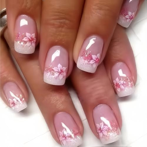 24 Piezas Uñas Postizas Francesas Flor Rosa Press on Nails Uñas Postizas Cortas Cuadradas Uñas Falsas Decoradas Acrílico Natural para Mujeres y Niñas (Rosa Flor, 24 Piezas)