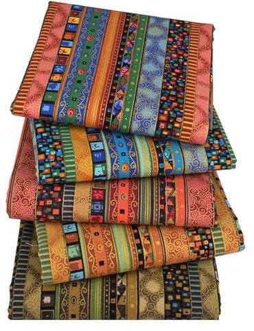 Juego de 5 telas de algodón para coser y acolchar, 5 piezas, tejido artesanal portátil, tejido de algodón bronceado a rayas de estilo étnico para bricolaje, costura, patchwork y costura (25 x 20 cm,