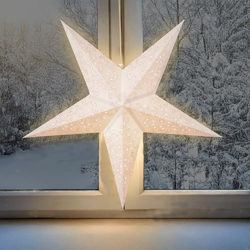 LED Papierstern in weiß mit Timer Batterie betrieben - Ø 60 cm - Weihnachts Deko Beleuchtung zum Hängen - Weihnachtsstern Dekoleuchte Weihnachtsleuchte Stimmungslicht Stern für Weihnachten Advent Wint