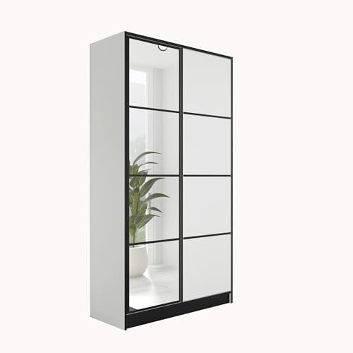 KIER FURNITURE Kleiderschrank mit Spiegel - Schrank Schlafzimmer - Garderobenschrank Flur Diele - Ausziehbare Kleiderstange - Eden v2 - BxHxT 104,8x205x39cm - 2 Türen - Weiß