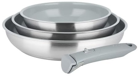 Sitram 716941 Arpege - Juego de 3 sartenes de acero inoxidable (20,24,28 cm, revestimiento antiadherente de cerámica con efecto piedra, mango extraíble SITRAMOVIBLE, incluye inducción