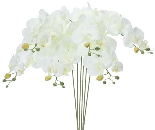 PATIKIL Artificial Orchid Stems 31, 6 Pack 7 Heads Faux Silk Phalaenopsis Flowers Real Touch Fake Orchid Flower Branch for Vase Home Wedding Decoration, White