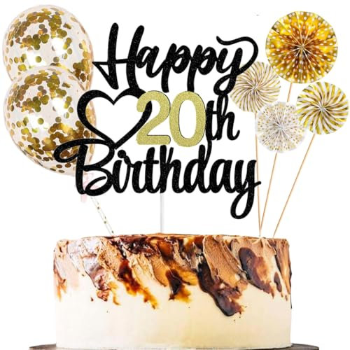 Anlgdi Tortendeko 20 Geburtstag Frauen Männer, Kuchen Topper 20. Geburtstag Frau, Cake Topper Happy 20th Birthday Schwarz Gold, Glitter Kuchen Deko 20. Deko für Geburstagstorte Deko 20 Jahre Frau Mann
