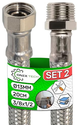 2 Pièces Flexible Eau 20 cm Femelle 3/8” x Male 1/2” DN8 DE13 - Tuyau Flexible Plomberie Fabriqué en Acier Inoxydable Température max 70°C Pression de Service 10 bar - Garantie de 5 Ans - ONIX TECH