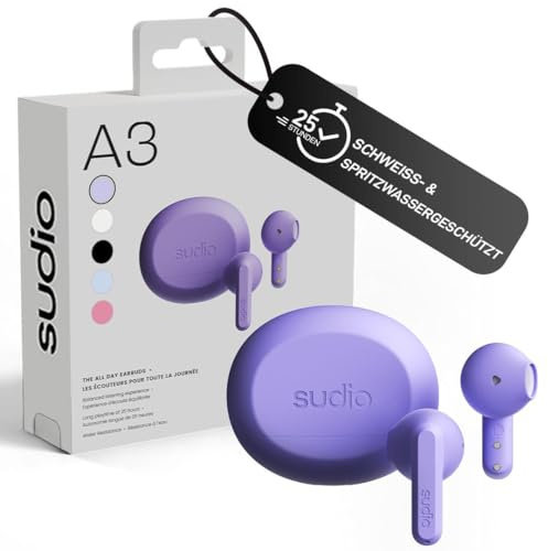 sudio A3 True Wireless Kopfhörer Kabellos Bluetooth 5.4 | Over Ear Headphones Bluetooth | Multipoint Verbindung | Schweiß- & Spritzwassergeschützt | Touch | 25h Spielzeit | USB-C Ladecase | Lila