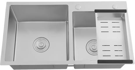 Kitchen Sink, 2 Bowl Stainless Steel Kitchen Sinks with Drain Basket and 2 Drainage Filters, Built-in Sink Double Bowl, Noise Reduction Design, Countertop/Under/in-Counter Installation