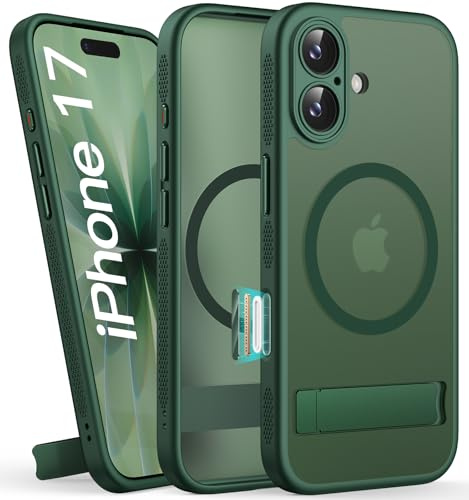 SIXBOX for iPhone 17 Case Magnetic with Stand, Camera Control Button, Green | Full Lens Protection, Compatible with MagSafe, Military Grade Protection, Translucent Matte Thin Hard Phone Case for iPhone17