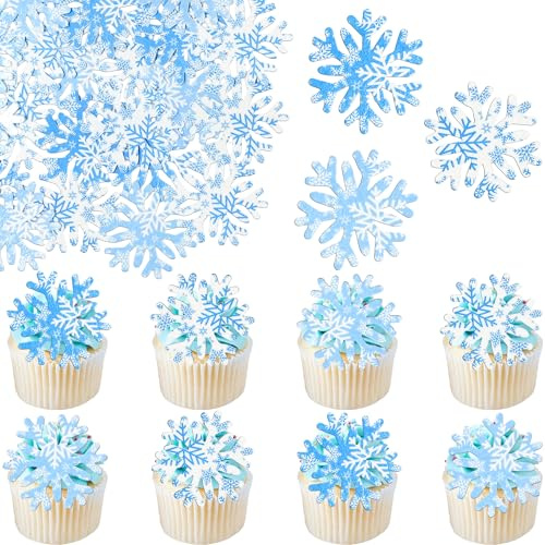 Gyufise 50Pcs Edible Snowflake Cupcake Cake Toppers Wafer Paper Snowflake Cake Decorations for Christmas Winter Frozen Theme Party Supply Decoration Multi Blue