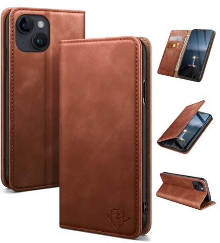 SUANDUCK for iPhone 14 6.1 phone case magnetic leather flip case with RFID-blocking card compartment, adjustable stand and 360° drop protection with Apple 14 Brown