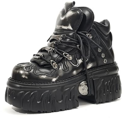 Songella Stivali con Plateau Gotici da Donna, Scarpe Stile Punk Rock Heavy Metal Stivaletti Stringati Chunky con Design a Fiamma e Dettagli in Metallo Nero Bianco, 40 EU