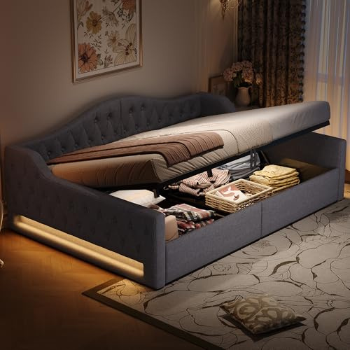 Zravenna Polsterbett Schlafsofa 140x200 mit Bettkasten, Gepolstertes Daybed mit Große Stauraum unter dem Bett, Multifunktionales Einzelbett Gästebett mit Lattenrost, Leinen (A-Grau, 140cm*200cm)