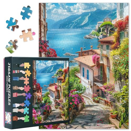 Küstenstadt Puzzle 1000 Teile Erwachsene, Italien Küsten Landschaft | Blüte Blumen Kunst Puzzlespiel, Einzigartiges Geschenk, Entspannendes Hobby, Lernspiele und Wohnkultur, 70 x 50 cm