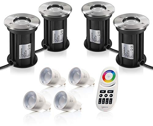 Auraglow IP67 Einbau GU10 Halter Bodenleuchte Outdoor Garten Patio Pfad Deck Licht & RF Fernbedienung Farbwechsel LED Glühbirne Bundle - Four Pack