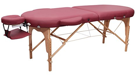 Zen Oval Massageliege klappbar, mobil - stabile Massagetisch, Kosmetikliege, Tattoo Liege aus Holz, Massagebank Behandlungsliege inkl. Tasche, Armlehne, Alu-Kopfstütze für Physiotherapie Weinrot