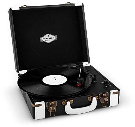 auna Jerry Lee - Plattenspieler, Schallplattenspieler, Riemenantrieb, Stereo-Lautsprecher, USB-Anschluss, 3 Geschwindigkeiten: 33/45/78 U/Min., schwarz-weiß