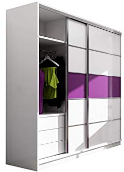 Furniture24 Kleiderschrank DUBAJ Schlafzimmer 2 Türiger Schwebetürenschrank Schrank mit Kleiderstange 6 Einlegeboden und 3 Schubkästen Weiß/Lila Glas