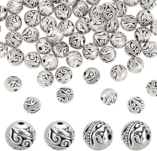 PandaHall 60pcs 8mm Runde Distanzperlen Tibetische Metall Charms Lose Perlen Band Muster Distanzperlen Antike Silber Perlen Metallperlen Zwischenperlen für Armband Schmuck Herstellung, Loch: 1.5mm