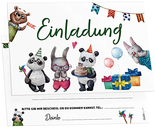 Olgs Tierparty Kindergeburtstag Einladungskarten, 12er Set, Ausfüllbar, inkl. Umschläge, für Mädchen & Jungen