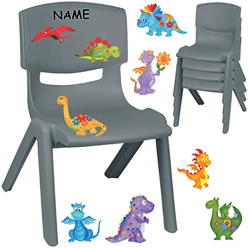 alles-meine.de GmbH Kinderstuhl/Stuhl - Motivwahl - grau - anthrazit + Sticker - Dinosaurier & Dino - inkl. Name - Plastik - bis 100 kg belastbar/kippsicher - für INNEN & AUß..