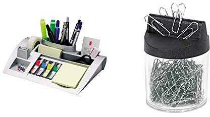 Post-it Tisch-Organizer silber-metallic – Schreibtisch Organizer mit 7 Fächern inkl Haftnotizen & Wedo 2705154 Klammernspender (mit Magnet rund gefüllt, 125 Büroklammern) silber/transparent
