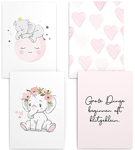 Papierschmiede® Kinderposter 4er Set, DIN A4 (21x30 cm) Wanddeko, Geschenk für Mädchen Kinderzimmer Babyzimmer, rosa Herzen, Baby Elephant