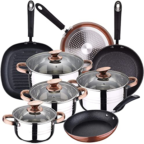 Bateria de cocina 8 piezas SAN IGNACIO Premium Nona, acero inoxidable, con juego sartenes (20/24/28 cm) y grill 28 cm Moma en aluminio forjado
