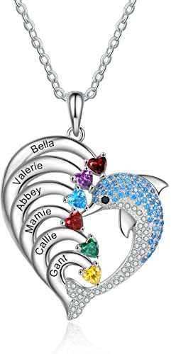 ALBERTBAND Personalisierte Herz Delphin Halskette mit 2-8 Namen Eingravier Geburtsstein Anhänger für Frauen Familienversprechen Halskette zum Valentinstag Schmuck Geschenk (6 names)