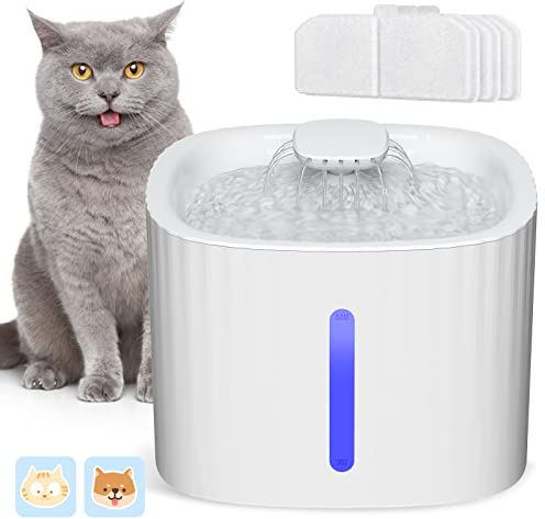 Nestling Fontaine à Eau pour Chat Chien 3L, Distributeur Eau pour Chat Silencieux avec LED Fenêtre de Niveau d'eau, 3 Filtre à Charbon Actif