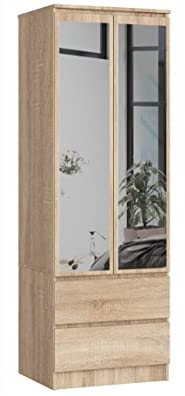 BDW Kleiderschrank mit Spiegel 2 Türen 2 Schubladen für Schlafzimmer Wohnzimmer Diele 180x60x51 (Sonoma Eiche)