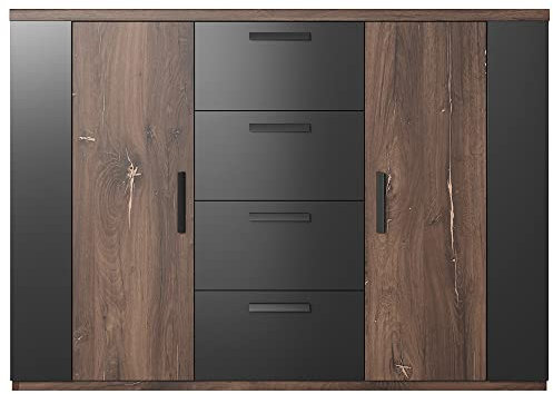 Kommode Schlafzimmer in Flagstaf Eiche dunkel Nb. und kupferrot, kombiniert mit schwarz, B/H/T: ca. 132/94/40 cm