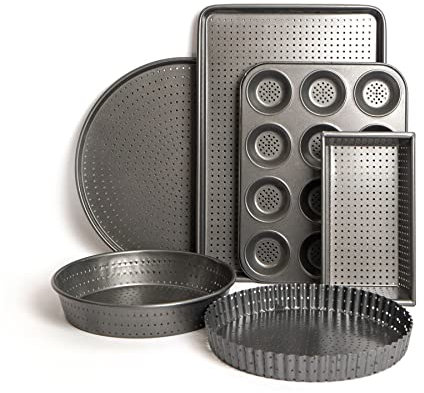 MasterClass Ultimate Six Piece Crusty Bake Non-Stick Set, Includes Flan/Quiche Tin, Pizza Crisper, 2lb Loaf Pan, Baking/Cookie Tray, Twelve Hole Tin and Pie/Tart Tin
