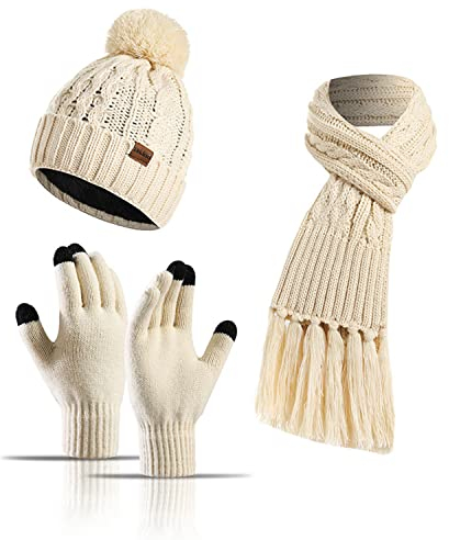 JOMA-E Shop Winter Warm Strickschal Beanie Mütze und Handschuhe Damen Kaltes Wetter Sets Weiche Stretch Mütze Schal und Fäustling Set Mädchen, beige, One size