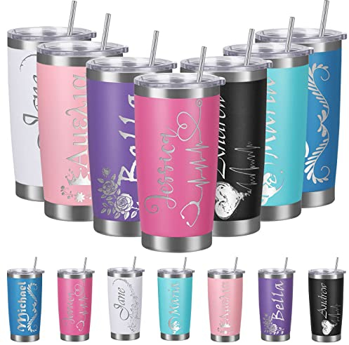 Gobelets Personnalisés avec Couvercle et Paille Gobelet Isotherme Personnalisé Gravé avec Nom Tasses à café en acier Inoxydable Personnalisées Cadeaux pour Hommes Femmes (20 oz, Rose rouge)