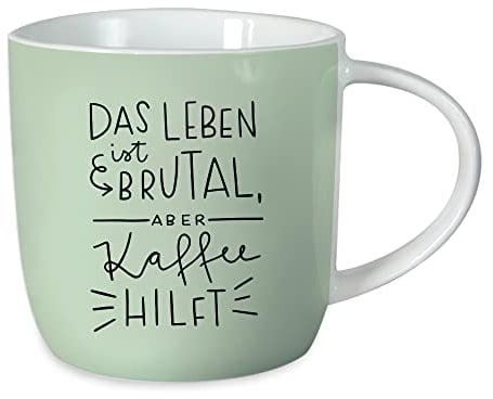 Grafik-Werkstatt Kaffeetasse mit Spruch 300 ml Porzellan Tasse Das Leben ist brutal, Grün