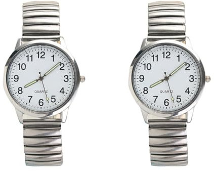 Mikikit 2 StüCk Damen Herren Armbanduhr, GroßE Zahlen, Nachtleuchtend, Wasserdicht, Elastisches Armband, Quarzwerk, Silber, 22 cm