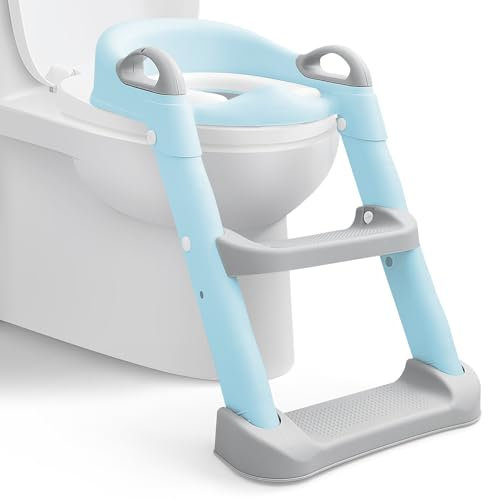 Adjustable Toilet Training Seat for Kids 1-7 Years - Upgrade Anti-Slip Children's Potty Seat with Step Stool & Foldable Design | Fits UK Round Toilets|(Blue)