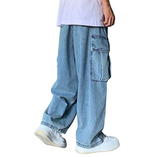Sawmew Herren Baggy Jeans Hip Hop Jeans Teenager Junge Streetwear Skateboard Y2K Hose Mode Skater Skateboard Hose(Blue,XXL)