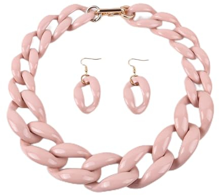 MUWIZ Acryl große dicke Kette Choker Halskette für Frauen Harz Gliederkette Halsband Halskette Set (Größe: 50 cm, Farbe: Altrosa)