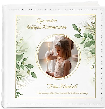 Maverton Einsteckalbum mit Aufdruck - Fotoalbum für 200 Fotos 10x15-50 Seiten - Größe: 21x22cm - Weihnachtsgeschenke - Weiß - personalisierte Geschenke für Kind zur Erstkommunion