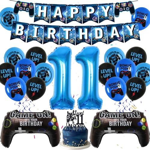 37 Pcs Video Game Birthday Decorations for Boys, 11th Blue Gaming Theme Party Balloons for Gamer Fans with Banners, Cake Topper, Game Controller Foil Balloon and Cool Latex Balloons Party Supplies