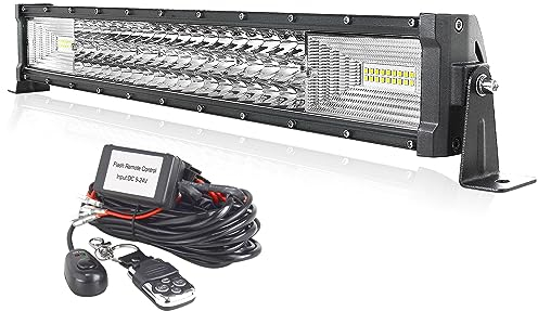 AUXTINGS Straight 22 inch 270W Car Led Light Bar With 12V Strobe Remote Control Wiring Harness Cable Kit 6000K Flood Spot Beam Triple Row Driving Work Lamp for Jeep Off road Truck SUV 4x4