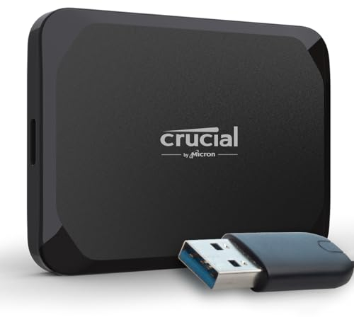 Crucial X9 2TB Portable SSD Festplatte mit USB-A Adapter, bis zu 1050MB/s, kompatibel mit PC, Mac und Spielekonsolen, Externe SSD, USB-C 3.2 - CT2000X9SSD902
