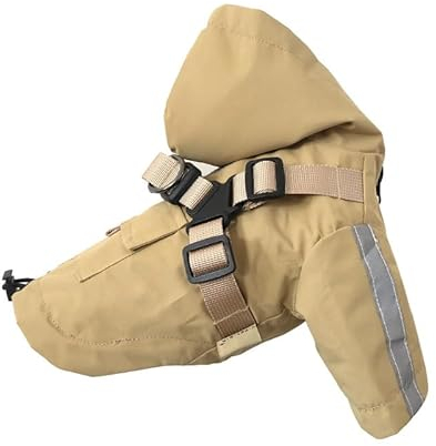 Hunde-Regenmantel mit Geschirr, verstellbarer Kordelzug, wasserdicht, mit Kapuze, Haustierponcho mit reflektierenden Streifen für kleine, mittelgroße Hunde, Größe S, Beige